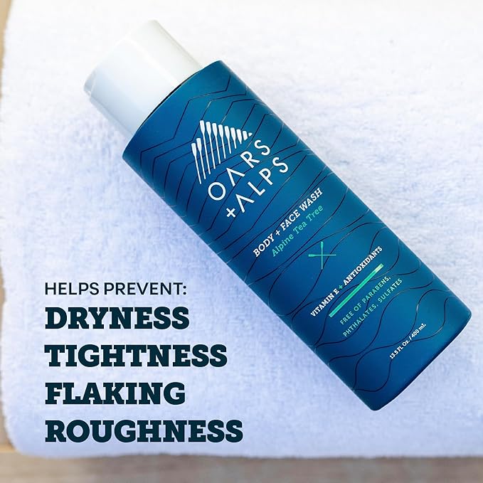 Oars + Alps Body and Face Wash for Men, Mens Body Wash & Face Cleanser with Vitamin E and Antioxidants, Moisturizing, Hydrating, Paraben & Sulfate Free Cleanser, Alpine Tea Tree, 2pk