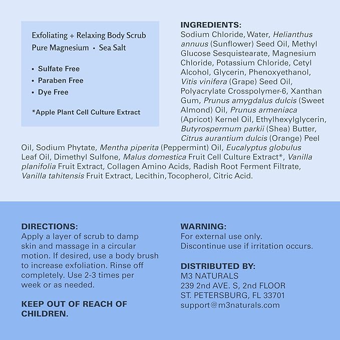 Magnesium Body Scrub for Sore Muscles, Exfoliation & Relaxation | Calming & Moisturizing Mineral-Rich Dead Sea Salt with Collagen, Stem Cell & Shea Butter, for Body, Hands & Feet, 16oz by M3 Naturals