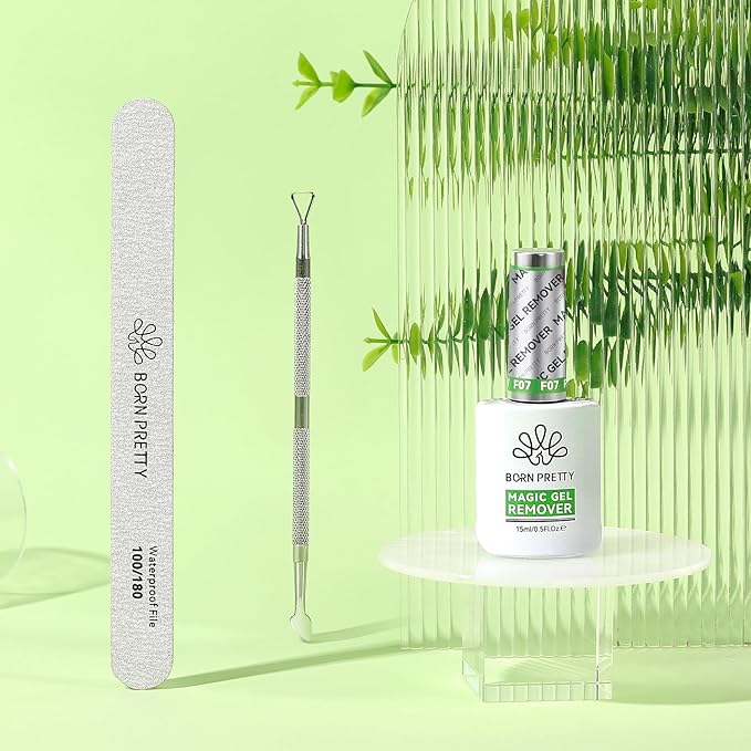 BORN PRETTY Gel Nail Polish Remover, Gel Polish Remover for Nails with Cuticle Pusher and Nail File, 2-5 Minutes Easily & Quickly Remove Gel, No Need Soak Or Wrap