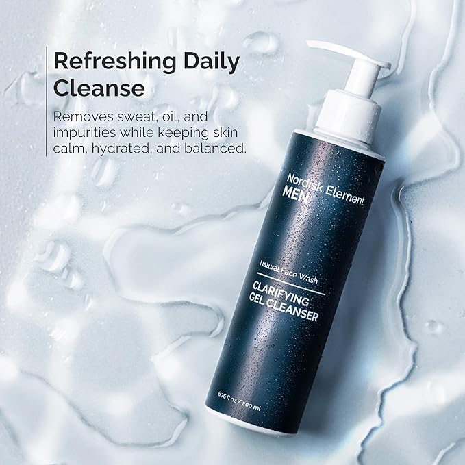 Nordisk Element Men’s Face Wash – Clarifying Gel Cleanser with Plum Extract | Daily Gentle Vegan Facial Wash for All Skin Types, Hydrating, Non-Stripping, Sulfate-Free, pH Balanced, 6.76 Fl Oz