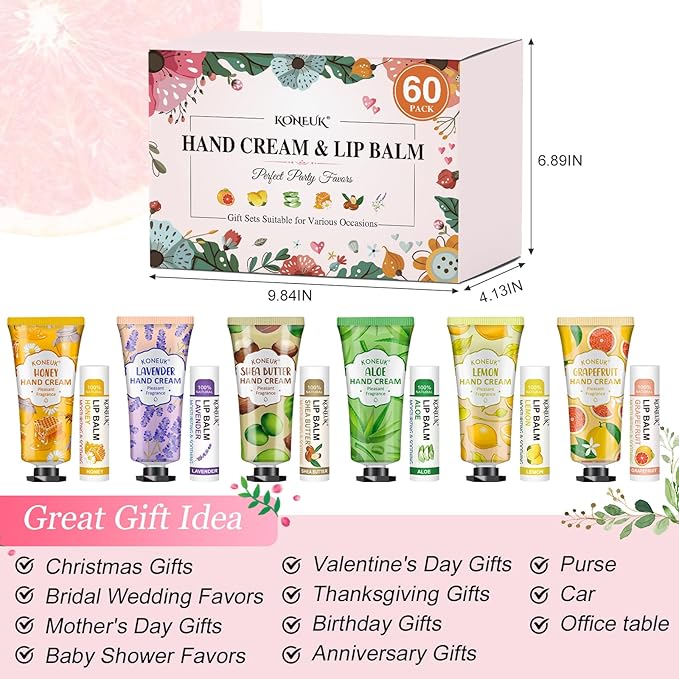 60 Pack Hand Cream Bulk and Lip Balm Bulk Sets, Stocking Stuffers for Women, Christmas Gifts and Bridal Shower Gifts for Guests, Employee Appreciation Gifts, Mom Gifts, Birthday Gifts and Small Gifts