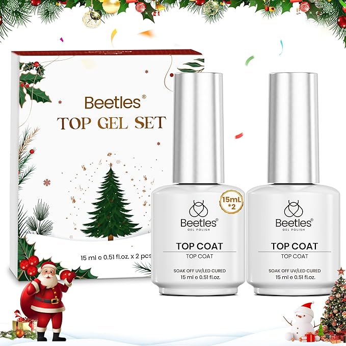 Beetles Gel Top Coat Set Christmas Limited, 2Pcs 15ml Top Coat Gel Nail Polish No Wipe Long Lasting Shining Glossy Manicure Soak off U V Lamp Needed Winter Nail Art Design Gifts for Women