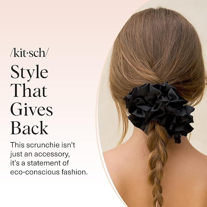 Kitsch Recycled Satin Ruffle Scrunchie – Gentle Hair Scrunchie for Women, Eco-Friendly Hair Tie No Damage, Stylish Ponytail Holder | Ideal Gifts for Women - Black