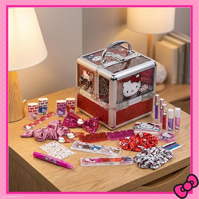 Hello Kitty Train Case Cosmetic Makeup Set Includes Lip Gloss, Eye Shimmer, Nail Polish, Hair Accessories & More! For Girls, Ages 6+ Perfect for Parties & Makeovers by Townley Girl