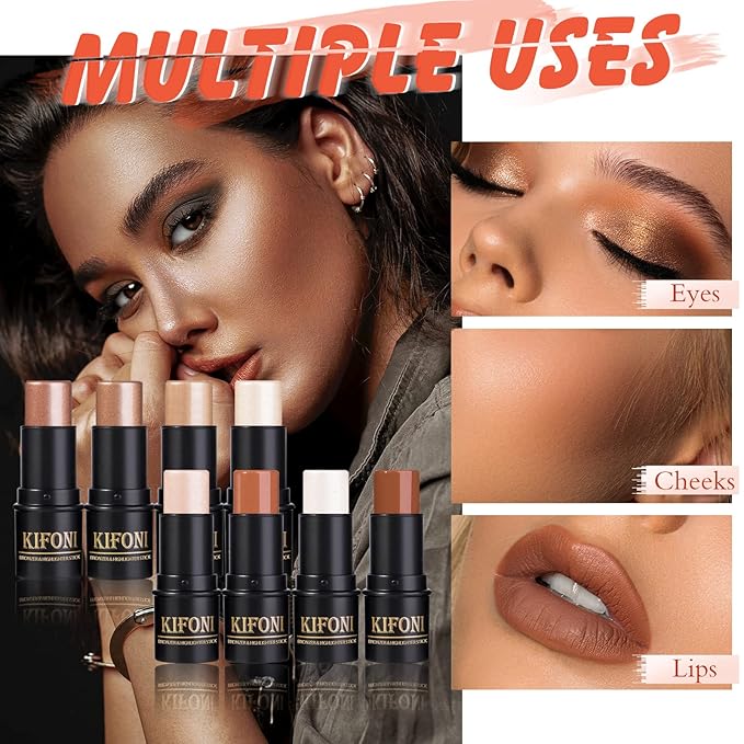 2Pcs Highlighter Stick Cream Contour Stick Makeup Kit, Shimmer Highlighter and Bronzer Stick Contour Wand, Water-proof Long Lasting Smooth Face Brightens & Shades Contouring Stick Illuminator