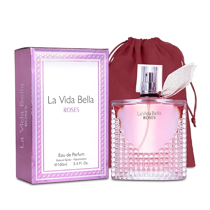 La Vida Bella Roses Eau de Parfum Spray Perfume, Fragrance For Women-Daywear, Casual Daily Cologne Set with Suede Pouch- 3.4 Fl Oz Bottle Beauty Gift for Birthday, Anniversary