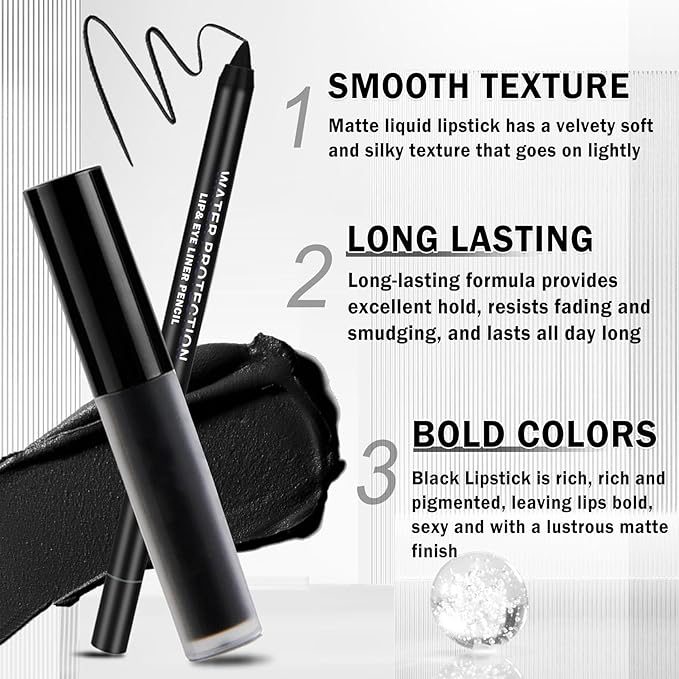 Black Lipstick Halloween Black Lip Liner Lip Kit,Matte Black Lipstick Long Lasting Smudge Proof,Velvet Black Lip Gloss Lip Stain,Non Stick Cup Black Liquid Lip Stick and Lip Pencil for Women