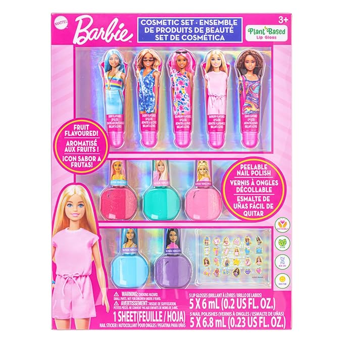 Barbie Cosmetic Makeup Set for Girls with Super Sparkly Lip Gloss Nail Polish and Nail Stickers 11 Pieces, Perfect for Parties Sleepovers Makeovers, Birthday Holiday Gift, Ages by Townley Girl