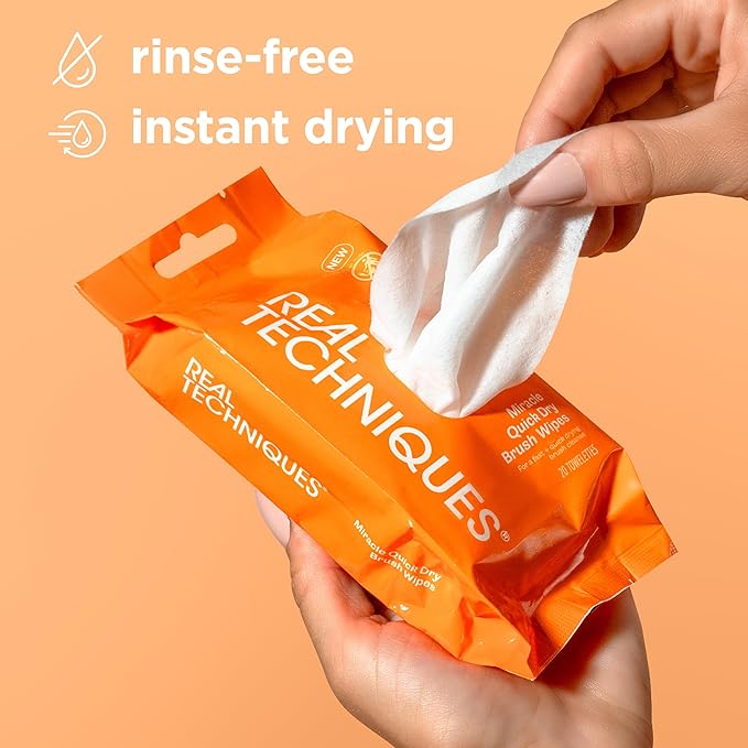 Real Techniques Miracle Quick Dry Brush Wipes, Remove Product Build-Up, Easily Switch Colors, Fast Drying, Convenient Makeup Brush Cleaner, Travel-Friendly, Cruelty-Free & Vegan, 20 Count