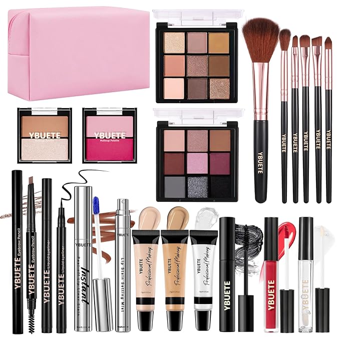 Makeup Full Kit for Beginners Girls Women, Travel Makeup Set Present for Her,Cosmetic Set Include Eyeshadow Blush Lip Gloss Peel Off Lip Stain Eyeliner Mascara Eyebrow Pencil Cosmetic Bag