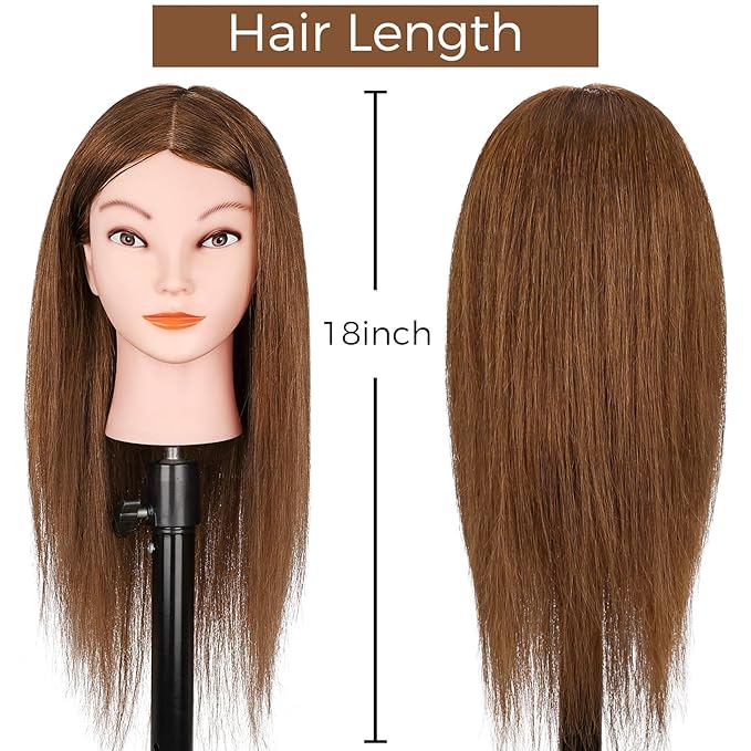 Mannequin Head with 100% Real Human Hair, Beauty Star Manikin Doll Head for Hair Styling, Cosmetology Hairdressing Training Practice Head with Clamp Stand and Braiding Accessories Kit (18" Dark Brown)