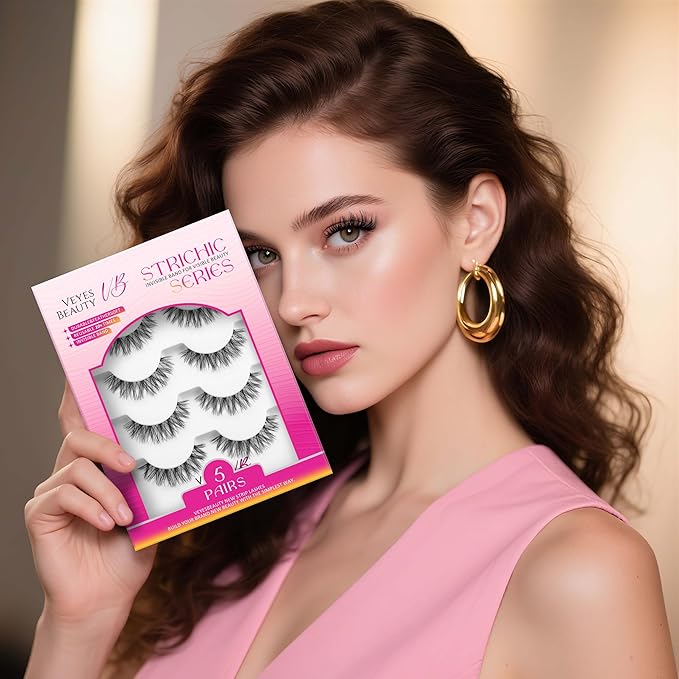 VEYESBEAUTY False Eyelashes Wispy Lashes Lightweight Natural Look Fluffy 3D Layered Volume Faux Mink Thin & Invisible Band Feyra Lashes, Comfortable and Reusable, 5 Pairs