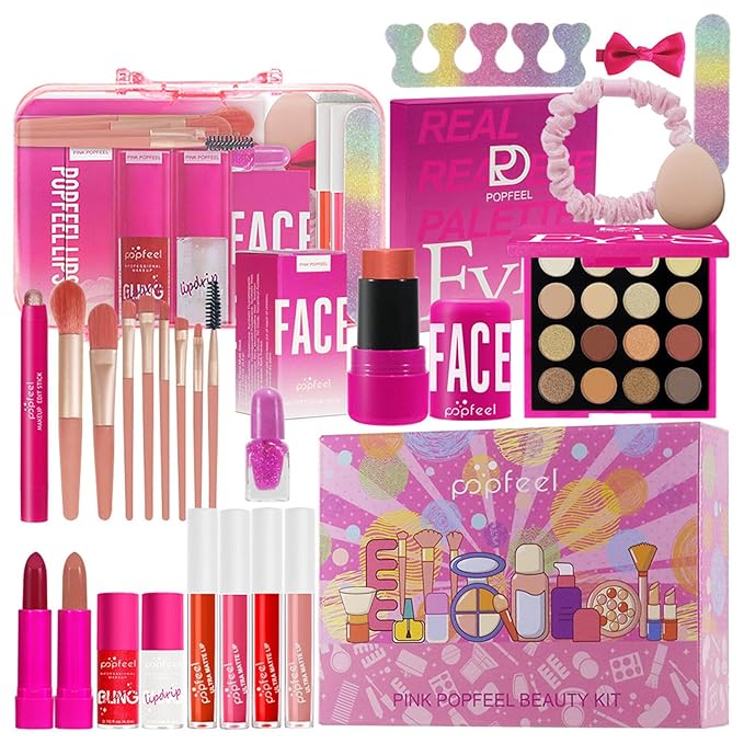 All in One Makeup Kit for Women Full Kit, Christmas Day Gifts Set for Women Girls, Hot Pink Makeup Essential Bundle Include Eyeshadow Palette Lipstick Blush Foundation Concealer Mascara Eyebrow Pencil