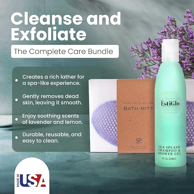 Sea Shampoo Shower Gel 8oz Bundle with Supracor Bath Mitt-Shampoo, Bath Gel & Exfoliating Glove Dead Skin Remover for Body-Exfoliator Glove Honeycomb Face Scrubber Exfoliating Mitt for Body