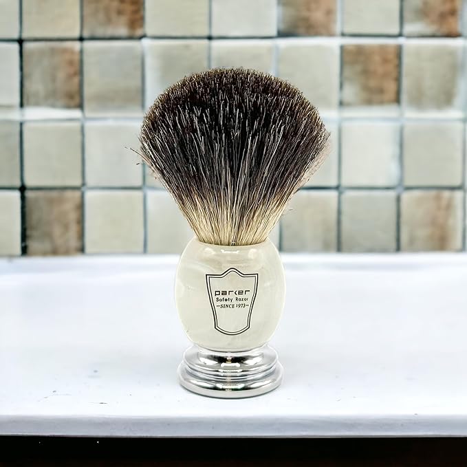 Parker 100% Black Badger Bristle Shaving Brush with Ivory Marbled Handle - Brush Stand Included