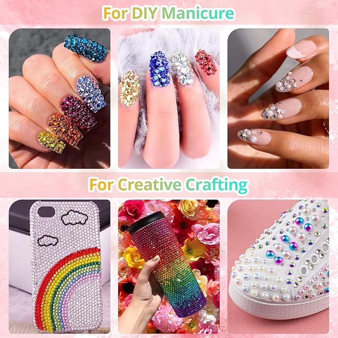 Colorful Flatback Face Gems and White AB Pearls for Makeup with Quick Dry Glue, Half Round Pearls Nail Art Rhinestones Glass Crystal Beads for Make-up Deco with Pickup Pencil + Tweezer