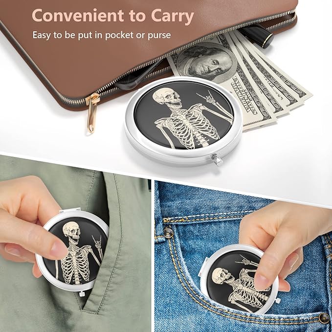 Nipichsha Compact Mirror, Pocket Travel Makeup Mirror, 2 - Sided 2X / 1X Magnification, Small Folding Portable Handheld, 2.75 in Silver, Skull