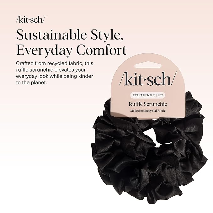 Kitsch Recycled Satin Ruffle Scrunchie – Gentle Hair Scrunchie for Women, Eco-Friendly Hair Tie No Damage, Stylish Ponytail Holder | Ideal Gifts for Women - Black