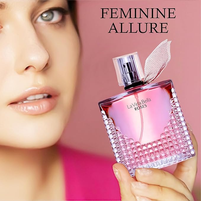 La Vida Bella Roses Eau de Parfum Spray Perfume, Fragrance For Women-Daywear, Casual Daily Cologne Set with Suede Pouch- 3.4 Fl Oz Bottle Beauty Gift for Birthday, Anniversary