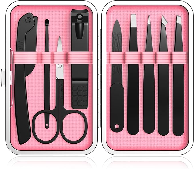 Yougai Tweezers Set, 9 Pcs Professional Stainless Steel Tweezers Kit for Women Facial Hair, Precision Eyebrow Tweezer Kit with Curved Scissors and Eyebrow Razor for Ingrown Hair Removal
