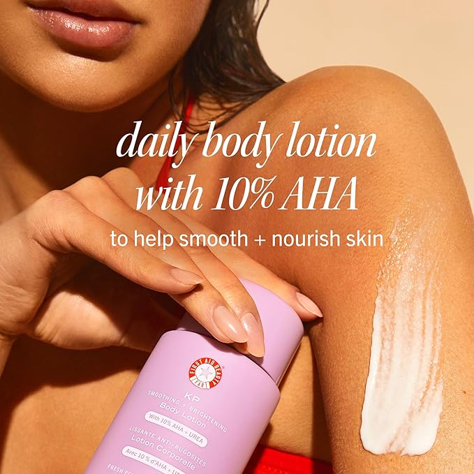 First Aid Beauty - KP Smoothing + Brightening Body Lotion with 10% AHA, Lactic Acid, Urea + Colloidal Oatmeal, Exfoliate & Moisturize, Banish Keratosis Pilaris Bumps, NEW Peach Scent (6. 7 fl oz)