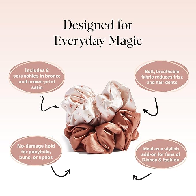 Kitsch & Disney Satin Scrunchies for Women - No Crease Hair Ties for Girls | Big Scrunchies with All Hair Types and Textures, Perfect for Day or Night | Ideal Gifts for Women - 2 Pcs, Desert Crown