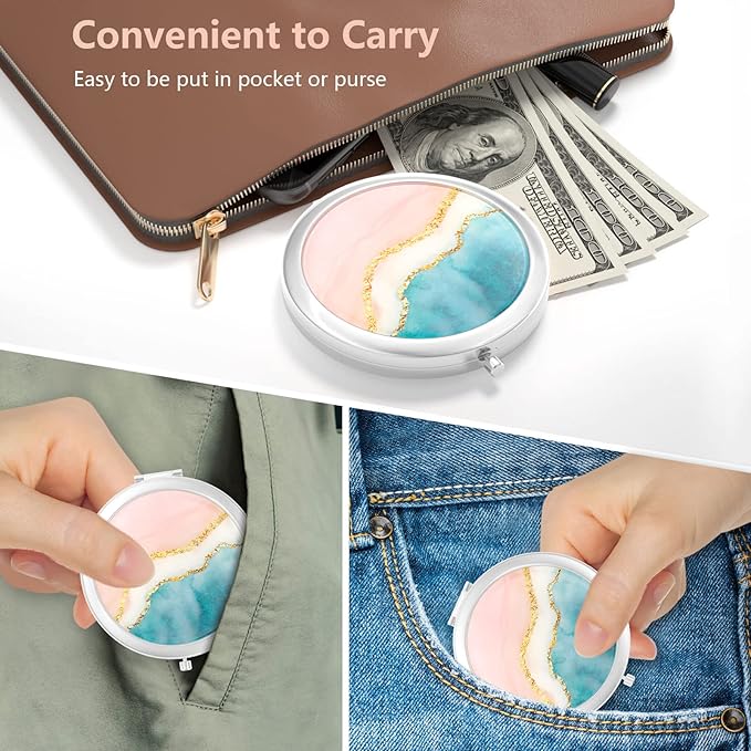 Nipichsha Compact Mirror, Pocket Travel Makeup Mirror, 2 - Sided 2X / 1X Magnification, Small Folding Portable Handheld, 2.75 in Silver, Pink Gilt