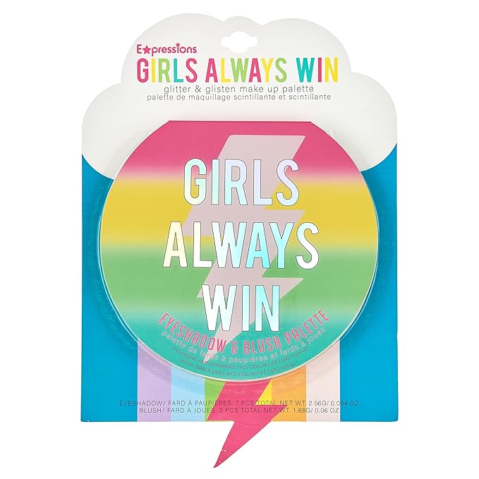 Always Win Glisten & Glitter Makeup Palette 10 Color Eyeshadow Palette & Blush Makeup Novelty Beauty Set, Fold Out Compact with Mirror, Washable, Non-Toxic