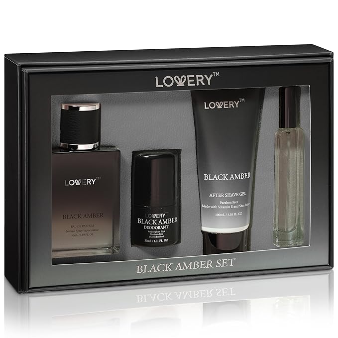 LOVERY Dads Gifts - Black Amber Mens Perfume 4 in 1 Deodorant & Cologne Gift Set - 4pc Mens Cologne Set - Parfum, Antiperspirant Deodorant Stick, Aftershave Gel, Masculine Birthday Perfumes for Men