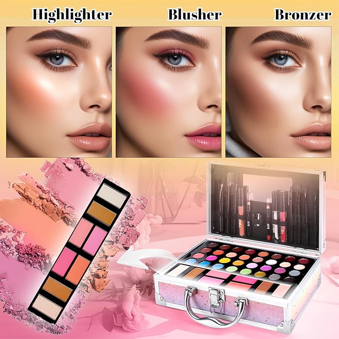 Beginner Makeup Kit for Teen,Makeup Set for Girl Women,Beginner Makeup Kit with Cosmetic Train Case Included 32 Colors Eyeshadow Blush Contour Lip Gloss Lip Liner Eyeliner Brush Set Mirror