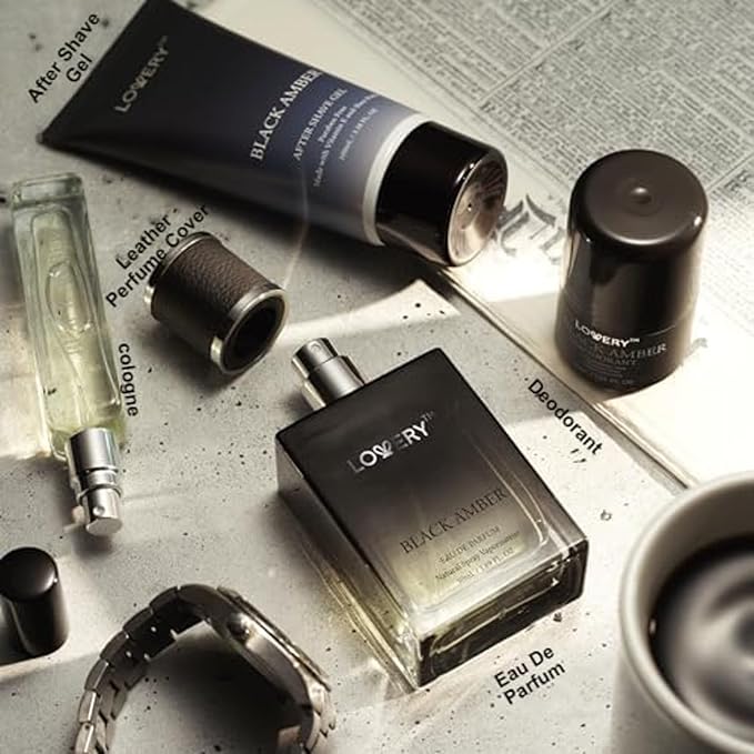LOVERY Dads Gifts - Black Amber Mens Perfume 4 in 1 Deodorant & Cologne Gift Set - 4pc Mens Cologne Set - Parfum, Antiperspirant Deodorant Stick, Aftershave Gel, Masculine Birthday Perfumes for Men