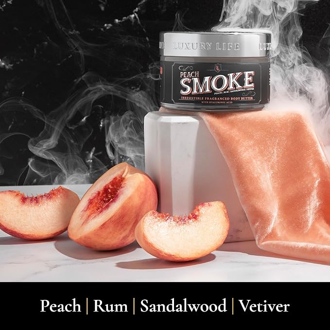 LUXURY LIFE BUTTER - Irresistibly Scented Body Butter with Hyaluronic Acid for Ultimate Moisture. Hydrates for a Non-Greasy Glamorous Glow (Presidential, Peach Smoke, Warm Compliments 5 oz)