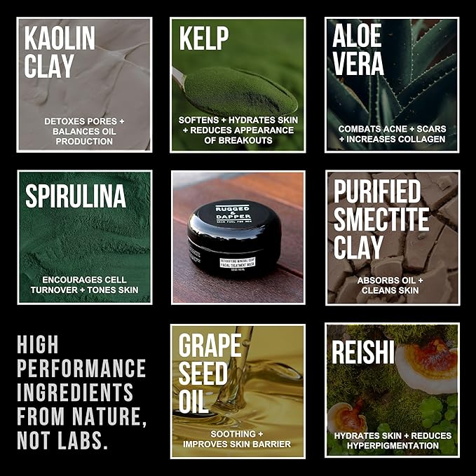 RUGGED & DAPPER - Premium Face Mask for Men - Deep Pore Cleansing Treatment - Fights Blackheads + Acne + Excess Oil - USA Made with Natural Kaolin Clay - 5.5 Oz