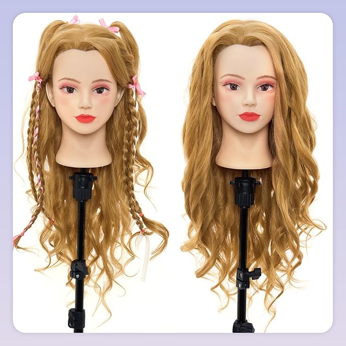 Mannequin Head with 90% Real Human Hair - 28 Inch Makeup Cosmetology Manikin Doll Head for Hair Styling, Training Practice Braiding Mannequin Head with False Eyelashes Hair Styling Set
