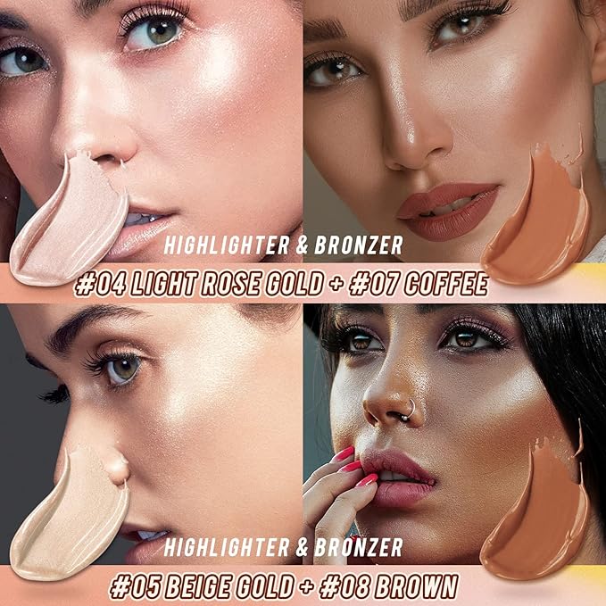 2 Pcs Cream Contour Stick Makeup Kit, Cream Highlighter Stick & Contour Bronzer Stick for Cheeks, Lightweight Blendable Smooth -Highlighter & Bronzer (#05 Beige Gold #08 Brown)