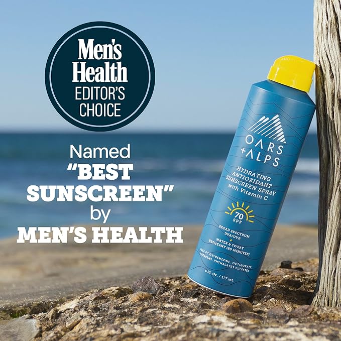 Oars + Alps Sunscreen Spray for Face & Body Spray Sunscreen Infused with Vitamin C & Antioxidants, No White Residue, Water & Sweat Resistant, All Skin Types, Lightweight, Hydrating, SPF 70, 6 Oz, 1pk