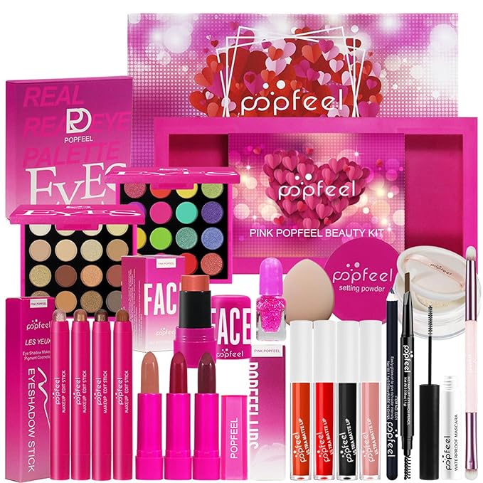 All in One Makeup Kit for Women Full Kit, Christmas Day Gifts Set for Women Girls, Hot Pink Makeup Essential Bundle Include Eyeshadow Palette Lipstick Blush Foundation Concealer Mascara Eyebrow Pencil