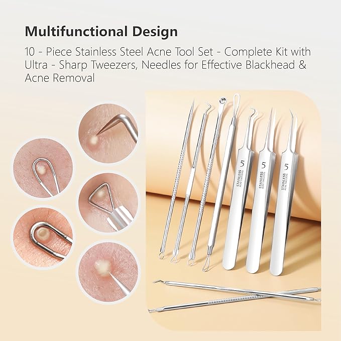 9 - Piece Stainless Steel Acne Tool Set - Complete Kit with Ultra - Sharp Tweezers, Needles for Effective Blackhead & Acne Removal