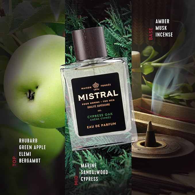 Mistral Men’s Cologne – Cypress Oak Eau de Parfum | Fresh & Woody Masculine Fragrance with Green Apple, Sandalwood & Musk | Cruelty-Free & Long-Lasting Perfume for Men, Made in France - 3.4 Oz