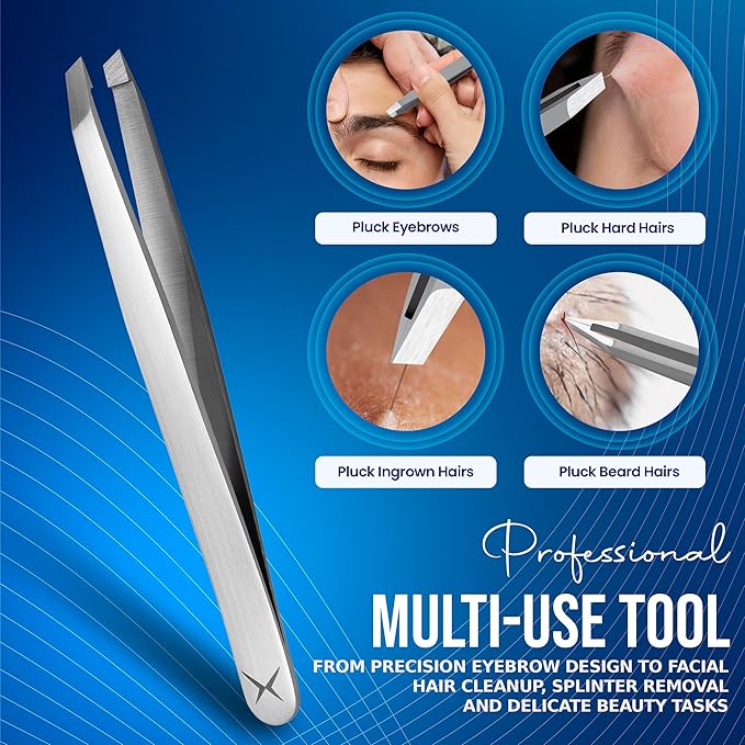 Slanted Stainless Steel Tweezers for Men & Women - Precision Eyebrow Tweezers for Facial Hairs, Strong Grip, Fine Tip, Professional Tweezer for Plucking & Grooming (Classic Stainless)
