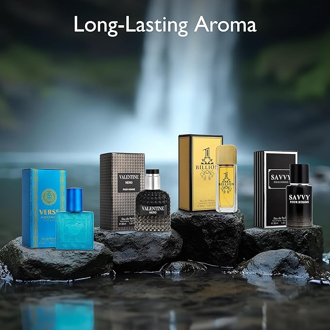 Signature Scent 4-Piece Mini Fragrance Set for Men Includes Savvy/1 Billion/Verse/Valentine Collection of Woody, Spicy, Citrus & Aromatic Fragrance Non-Irritating Ingredient Each One in 30ml Bottle
