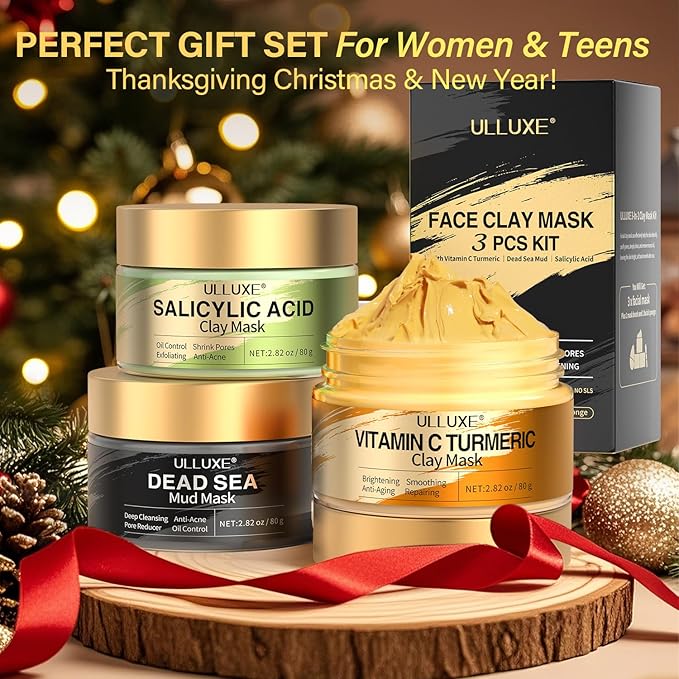 Facial Clay Mask Set - Vitamin C Turmeric Face Mask, Dead Sea Mud & Salicylic Acid (BHA) Mask for Pores Cleansing, Blackheads, Dark Spots, Brightening, Face Masks Skincare Gift for Women, 2.82 oz each