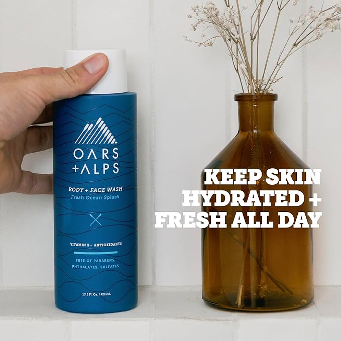 Oars + Alps Body Wash for Men, Mens Body Wash with Vitamin E and Antioxidants, Moisturizing, Hydrating, Paraben & Sulfate Free Cleanser, Fresh Ocean Splash, 2pk