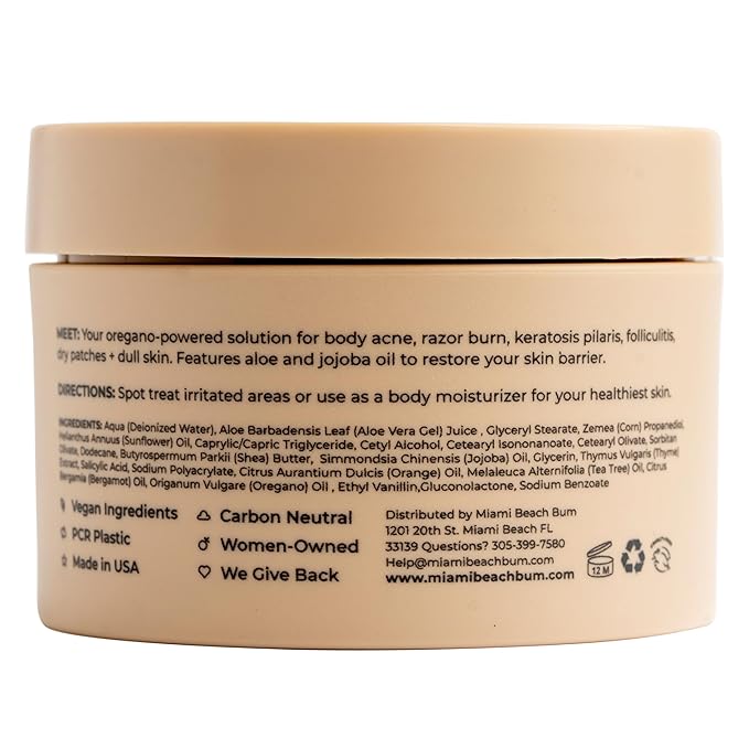 Miami Beach Bum Bum + Body Cream Orange, Oregano Bum Bum Cream For Body Acne & Razor Bumps, pH-Balanced Moisturizer, 3.4 oz