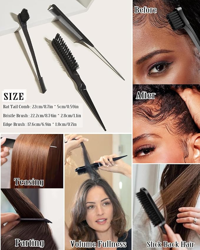 Slick Back Hair Brush & Hair Wax Stick Set - Frizz Control & Flyaway Smoothing - Sleek Ponytails, Buns, Edges - Styling Cream/Gel/Balm/Pomade Stick for Women - Styling Accessories for Girls & Kids