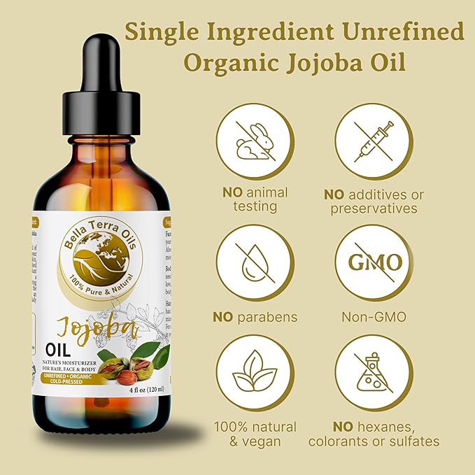 Bella Terra Oils - Organic Jojoba Oil 8oz - Embrace Organic Jojoba's Hydrating Potential, Rich in Essential Nutrients & Antioxidants, Perfect for Nail Oil Enthusiasts