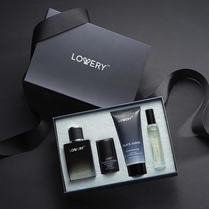 LOVERY Dads Gifts - Black Amber Mens Perfume 4 in 1 Deodorant & Cologne Gift Set - 4pc Mens Cologne Set - Parfum, Antiperspirant Deodorant Stick, Aftershave Gel, Masculine Birthday Perfumes for Men
