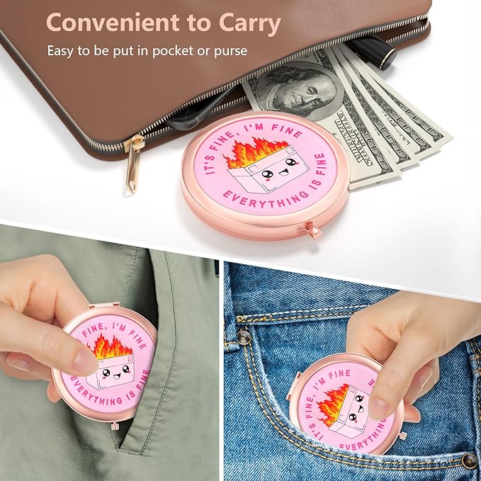 Nipichsha Compact Mirror, Pocket Travel Makeup Mirror, 2 - Sided 2X / 1X Magnification, Small Folding Portable Handheld, 2.75 in Rose Gold, Pink Cute Dumpster