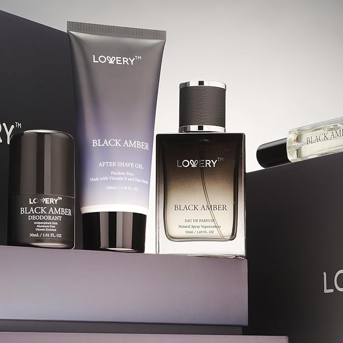 LOVERY Dads Gifts - Black Amber Mens Perfume 4 in 1 Deodorant & Cologne Gift Set - 4pc Mens Cologne Set - Parfum, Antiperspirant Deodorant Stick, Aftershave Gel, Masculine Birthday Perfumes for Men