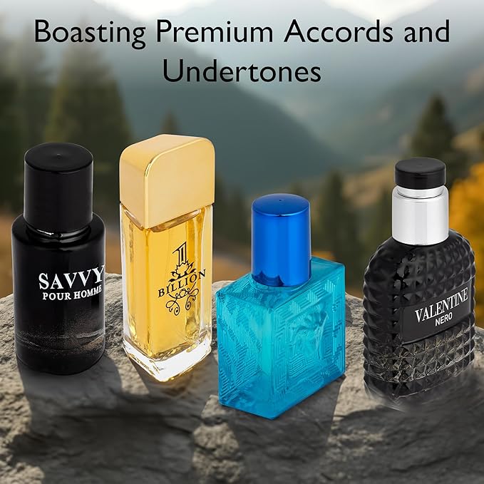 Signature Scent 4-Piece Mini Fragrance Set for Men Includes Savvy/1 Billion/Verse/Valentine Collection of Woody, Spicy, Citrus & Aromatic Fragrance Non-Irritating Ingredient Each One in 30ml Bottle